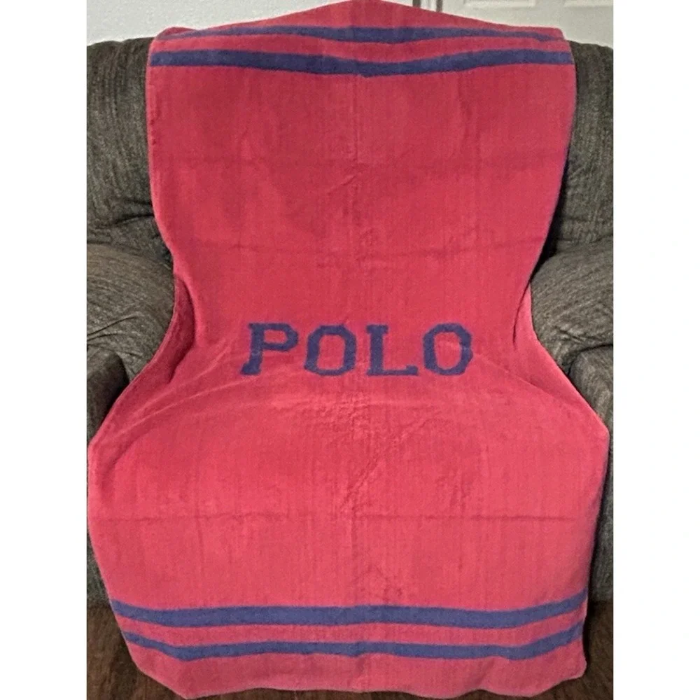Vintage Polo Ralph Lauren Beach Towel Red Blue Spellout Large USA Cotton RARE